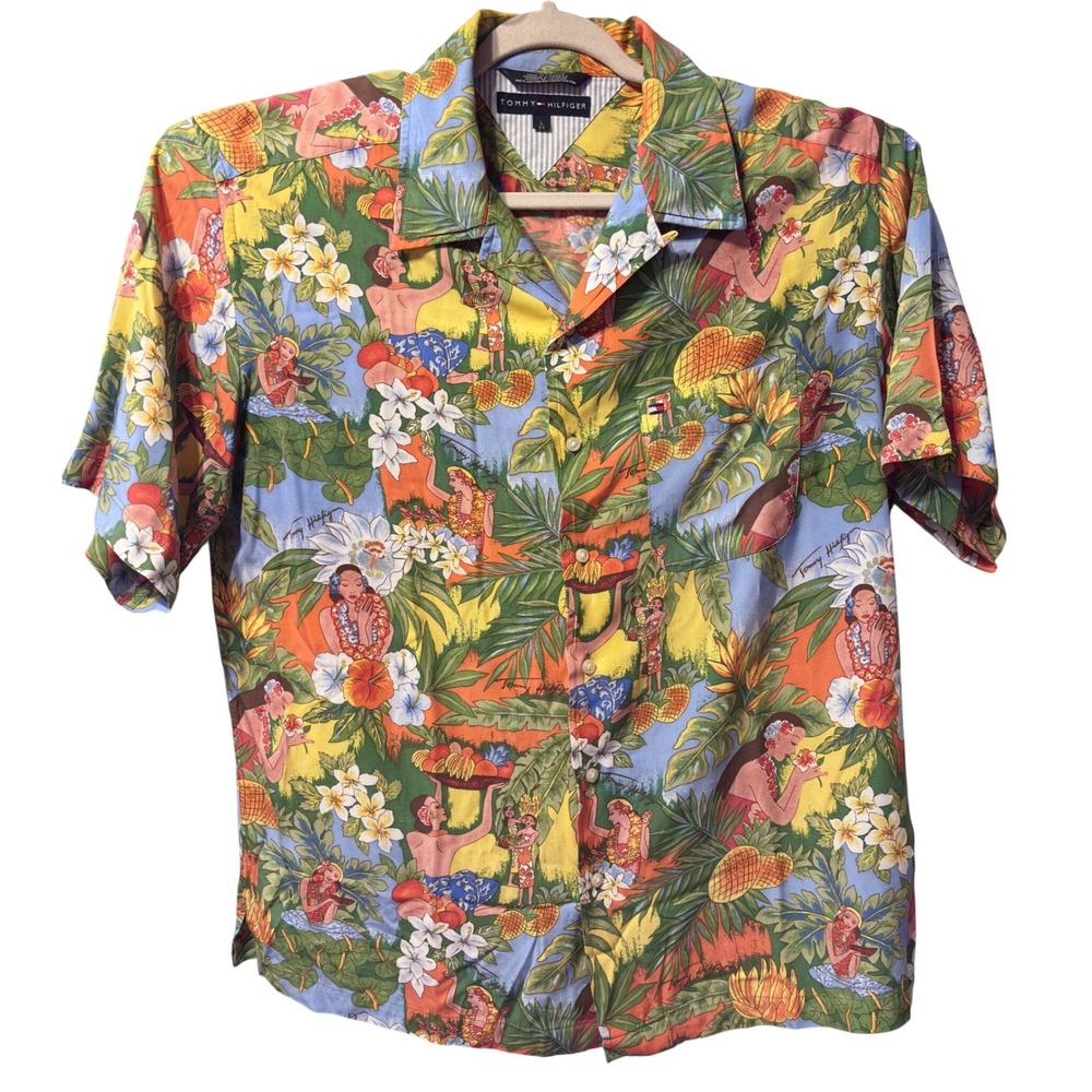 Tommy Hilfiger Hawaiian Shirt Men Large Multicolor Excellent Tropical Hula Print